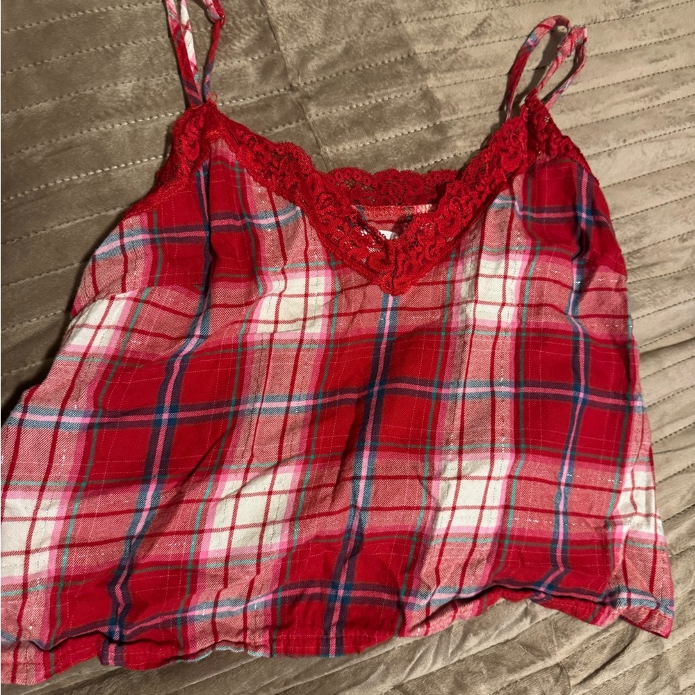 Colsie Red and Blue Plaid Cami with Lace